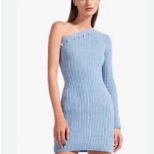 Staud Lindsey Dress Blue Ice off shoulder dress pearl beaded collar large NWTs